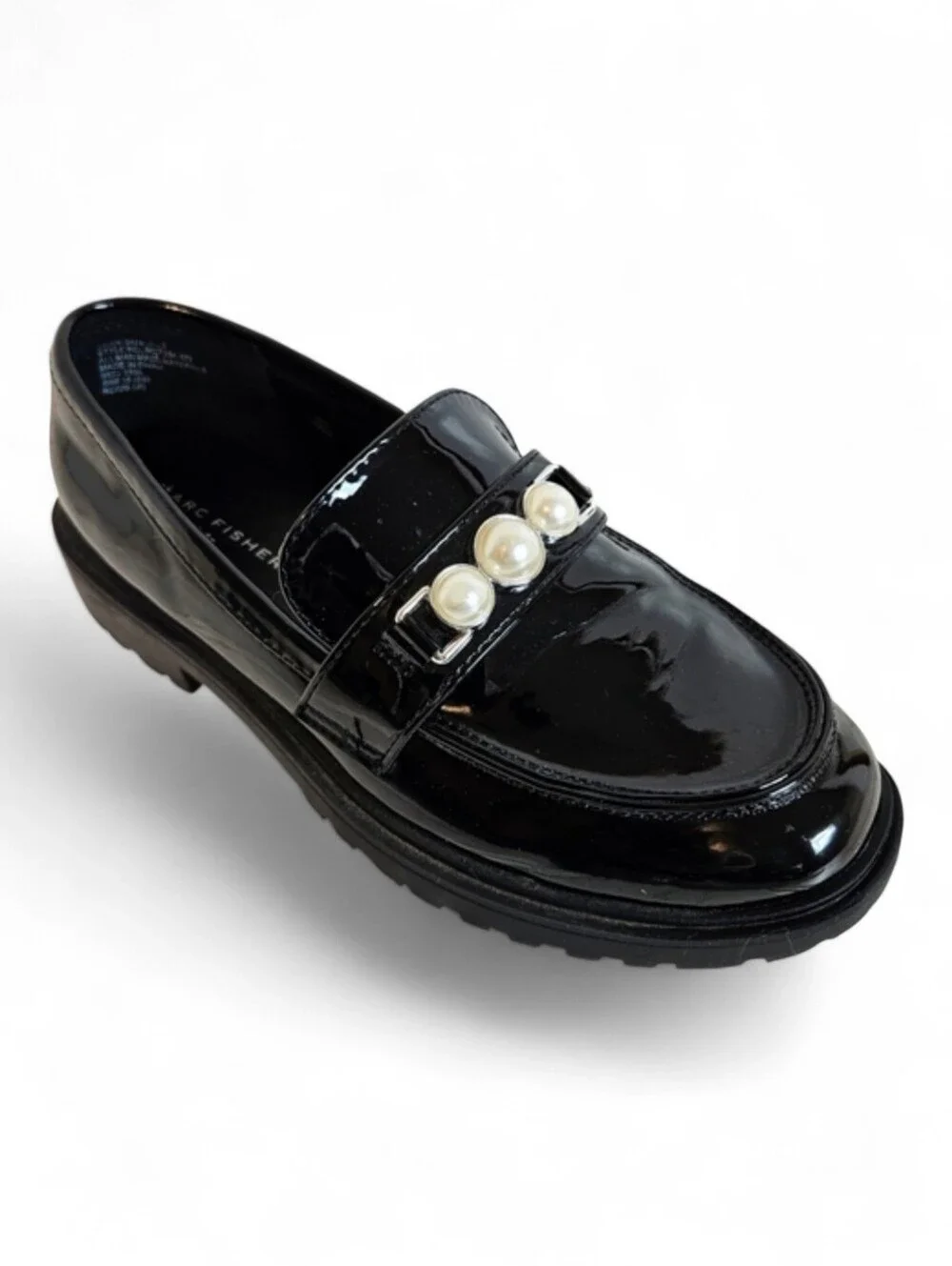 Marc Fisher Kids Loafers Girls 3/1.5 Pearl Band Chunky Lug Patent Leather Black!